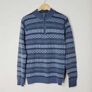 Orvieto Vintage Blue Merion Wool Blend Preppy Knit Fair Isle Grandpa Sweater Zip
